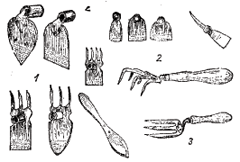 Инструменты для поверхностой обработки почвы: 1 - мотыги; 2 - тяпки; 3 - цапки.